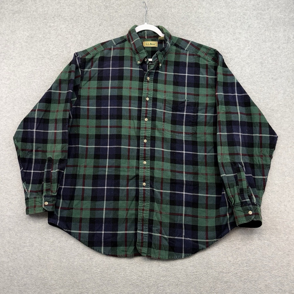 Vintage LL Bean Shirt Mens XL Green Scotch Plaid Corduroy Button Down Cabin 90s